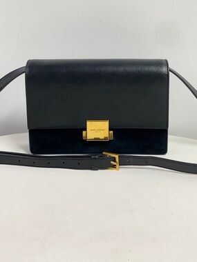 Saint Laurent Black Leather and Suede Crossbody with Gold Lock